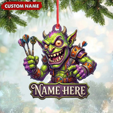 Maxcorners Darts Lover Wild Goblin Mascot, Holding Darts, Name Banner Personalized Name Ornament 2D Flat