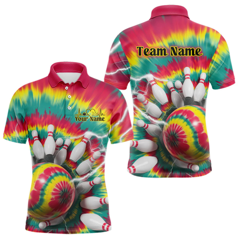 Maxcorners Custom Colorful Tie Dye Bowling Polo Shirts For Men, Rainbow Bowling Outfit LM1605