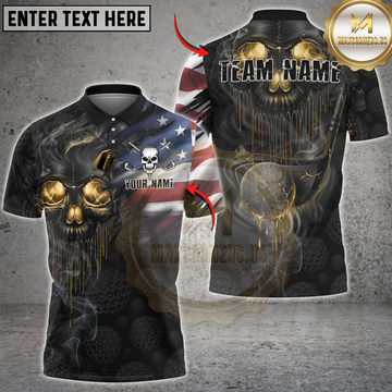Maxcorners Golf Skull American Flag Melting Gold Personalized Name 3D Unisex Shirt