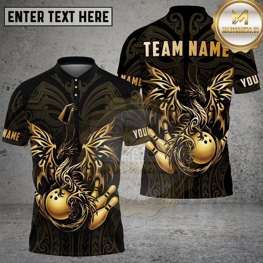 Maxcorners Bowling Shirt Golden Dragon Flowing Ornamental Art Multioptions Personalized Name, Team Name 3D Shirt (4 Colors)