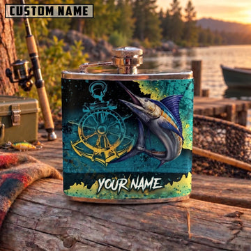 Maxcorners Fishing Marlin Nautical Compass Design Personalized Name 3D Hip Flask