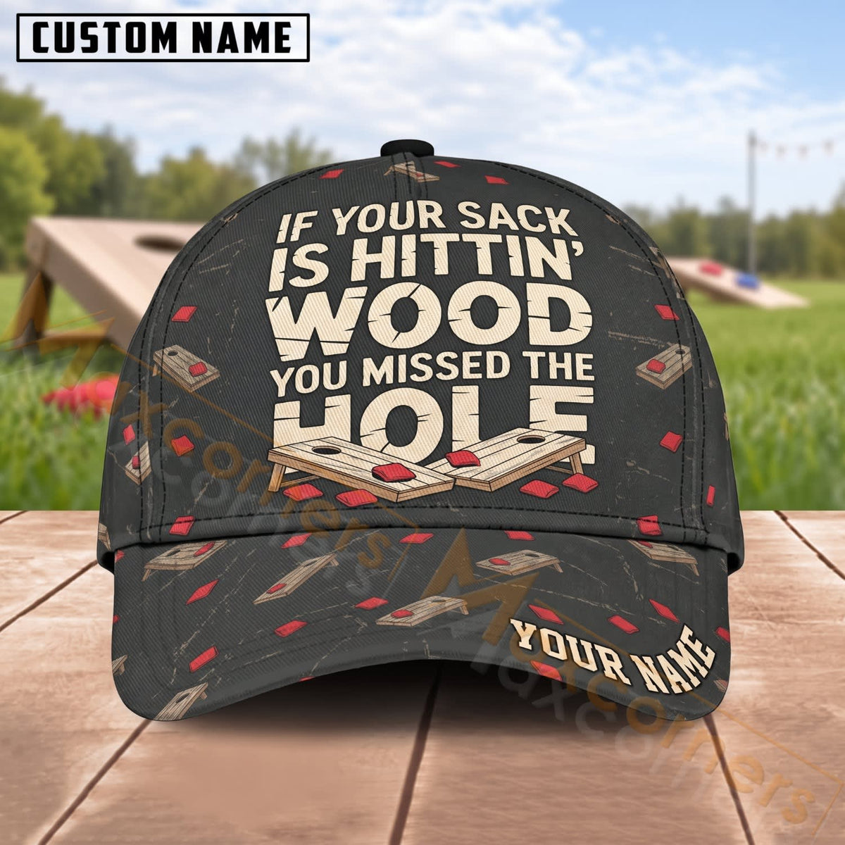 Maxcorners Cornhole If Your Sack Is Hittin’ Wood Funny Quote Design Personalized Name 3D Cap