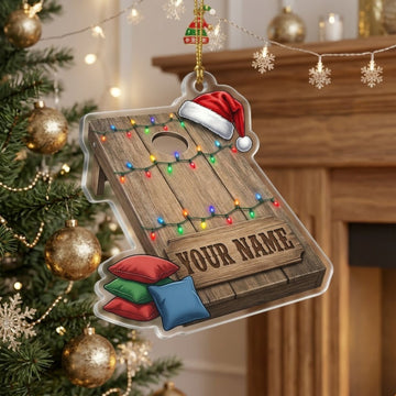 Maxcorners Cornhole Christmas Lights Santa Hat Board Customized Name 3D Keychain And Ornament