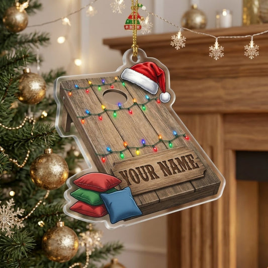 Maxcorners Cornhole Christmas Lights Santa Hat Board Customized Name 3D Keychain And Ornament