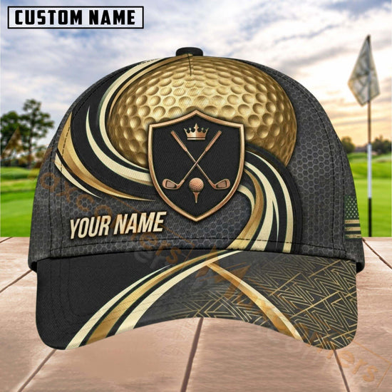 Maxcorners Golf Shield Clubs Gold Wave Personalized Name 3D Cap (6 Colors)