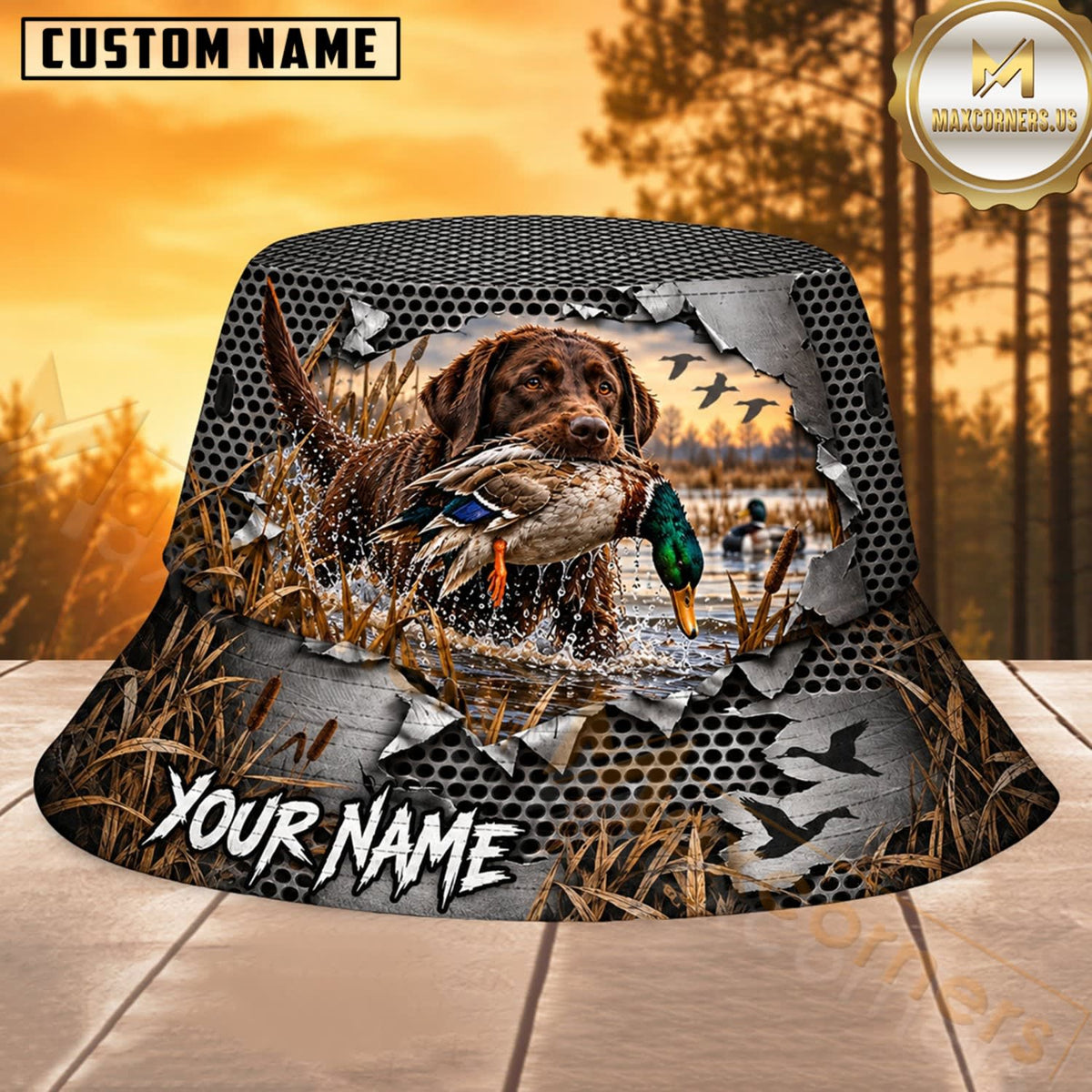 Maxcorners Duck Hunting Labrador Autumn Marsh Personalized Name 3D Bucket Hat