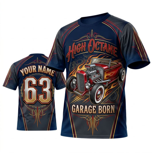 Maxcorners Personalized Car Classic Muscle Car 3D T-Shirt – High Octane Navy Red Garage Born