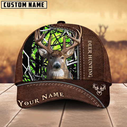 Maxcorners Deer Hunting Brown Leather Pattern Mutilcolored Personalized Name 3D Cap