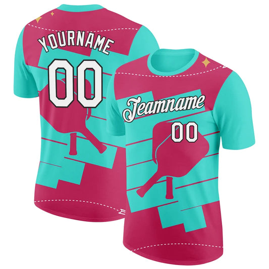 Maxcorners Pickleball Paddle Retro Geometric Blocks Hot Pink Turquoise Neon Personalized Name 3D Unisex Shirt
