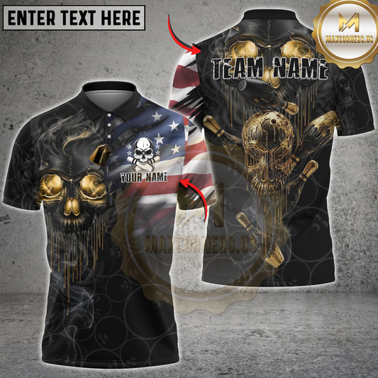 Maxcorners Bowling Skull American Flag Melting Golden Pins Personalized Name 3D Unisex Shirt
