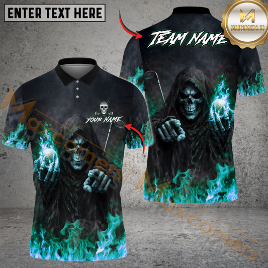 Maxcorners Flaming Skull Reaper Golf Polo Shirt Customized Name, Team Name 3D Shirts (4 Colors)
