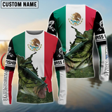 Maxcorners Bass Fishing Mexico Flag Personalized Name, Team Name 3D Long Sleeve Shirt