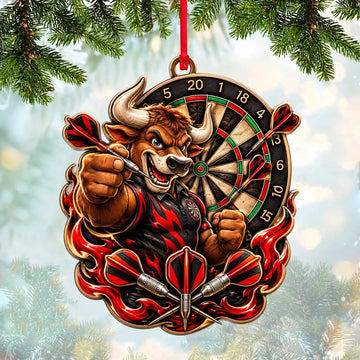 Maxcorners Darts Lover Aggressive Bull Mascot, Target Board, Flames Personalized Name Ornament 2D Flat