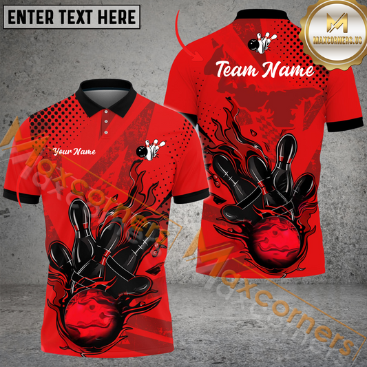 Maxcorners Ball And Pins Flame Vintage Bowling Jersey Multicolor Customized Name, Team Name 3D Polo Shirt