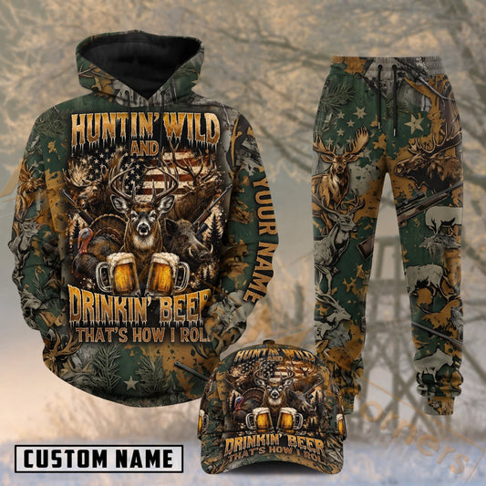 Maxcorners Hunting Deer Skull Beer Outdoor Woodland Camouflage Personalized 3D Combo Hoodie, Sweatpants Set & Cap