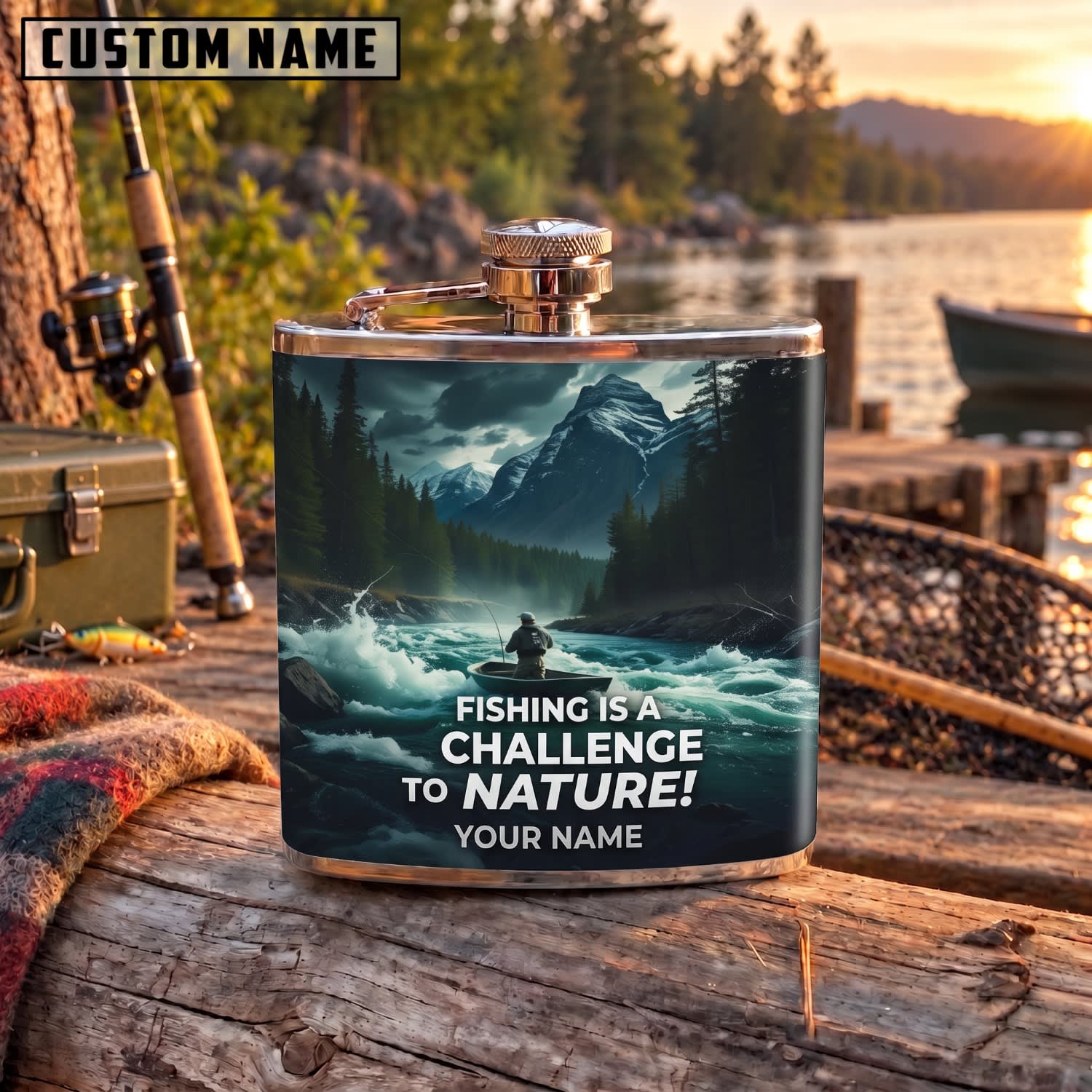 Maxcorners Fishing Challenge To Nature Mountain Lake Quote Personalized Name 3D Hip Flask