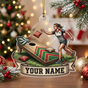 Maxcorners Cornhole Female Player Bean Bag Toss Customized Name 3D Keychain And Ornament