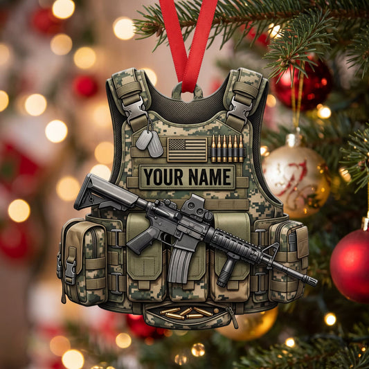 Maxcorners Woodland Camo Tactical Vest And Rifle Personalized Name 3D Keychain And Ornament