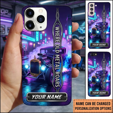 Maxcorners Hot Rod Purple Classic Car with Neon City Skyline and Blue Lightning Personalized Name 3D Phone Case