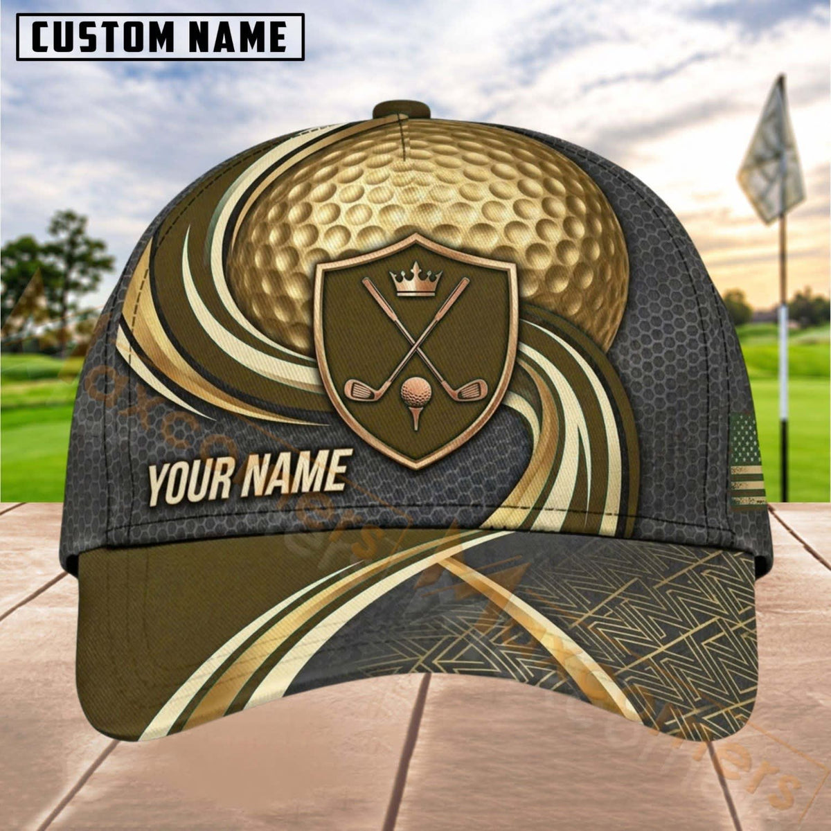 Maxcorners Golf Shield Clubs Gold Wave Personalized Name 3D Cap (6 Colors)