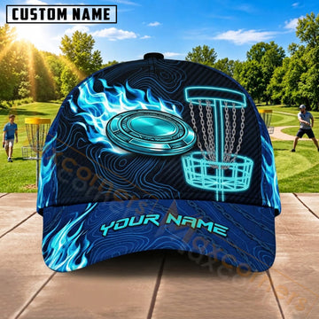 Maxcorners Disc Golf Blue Flame Flying Disc Basket Personalized Name 3D Cap