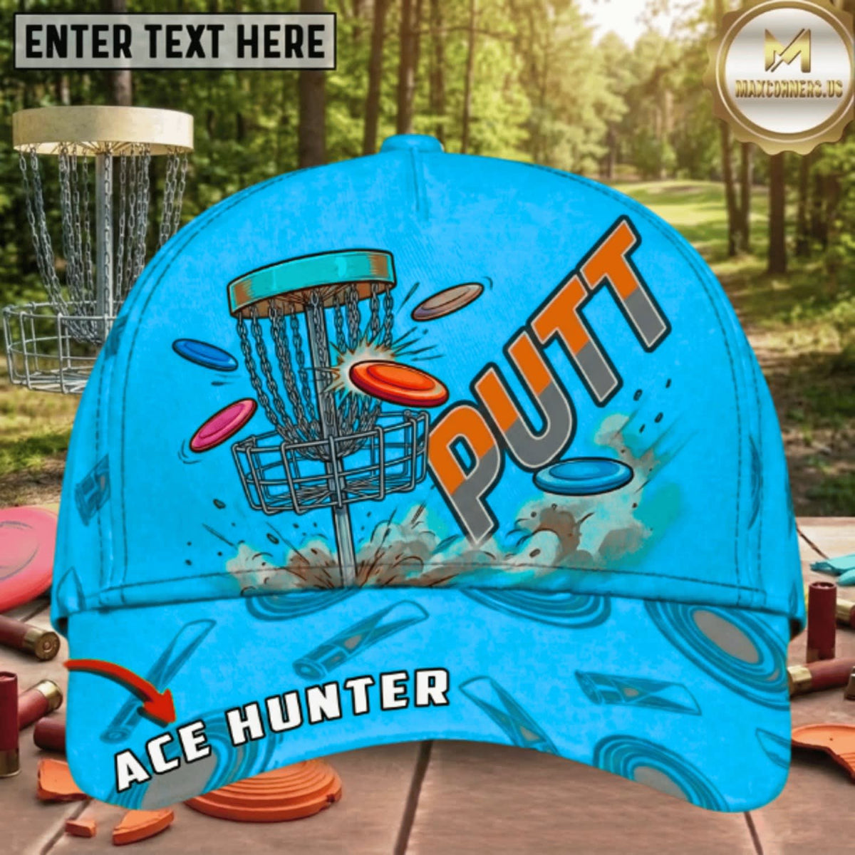 (7 Colors) Maxcorners Disc Golf Putt Chain Basket Ace Hunter Personalized Name 3D Cap LM3009