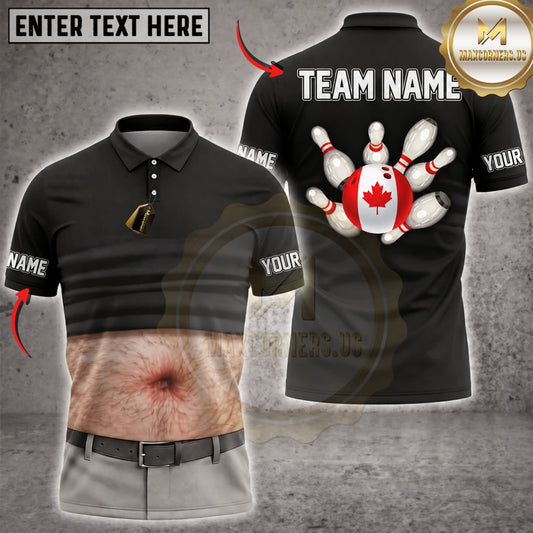 Maxcorners Bowling Black Fake Abs Canadian Maple Leaf Bowling Pins Personalized Name 3D Unisex Shirt