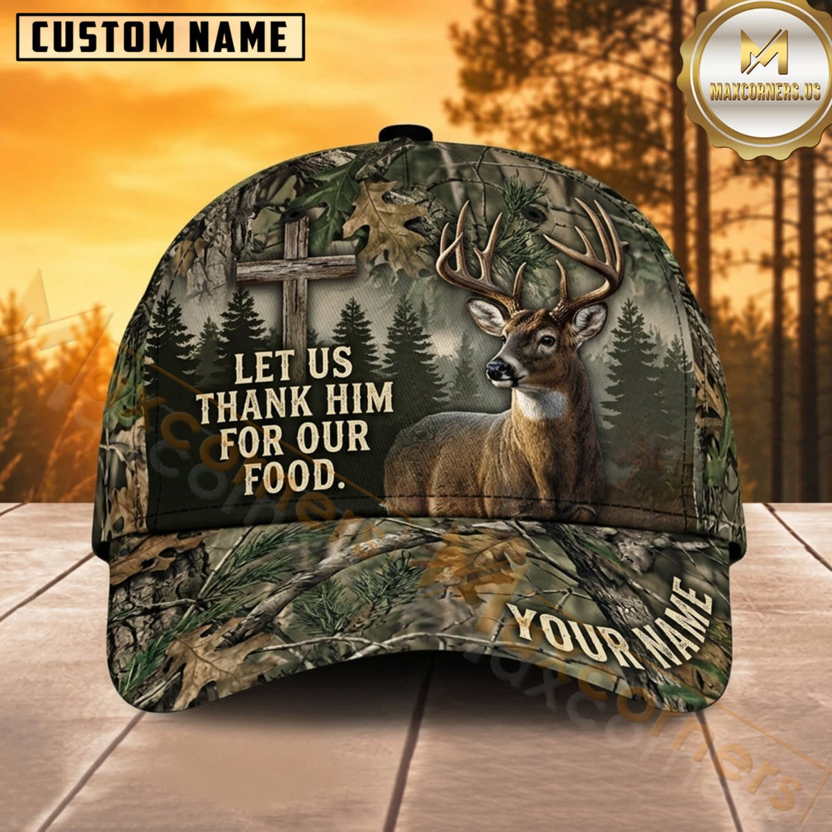 Maxcorners Deer Hunting Whitetail Buck Let Us Thank Him for Our Food Bold White Typography Camo Customized Name 3D Cap