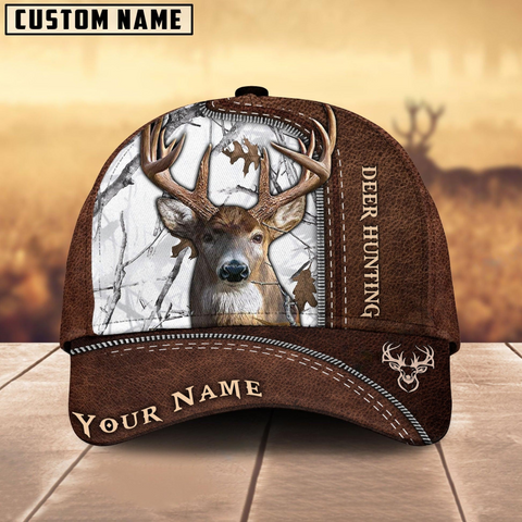 Maxcorners Deer Hunting Brown Leather Pattern Mutilcolored Personalized Name 3D Cap