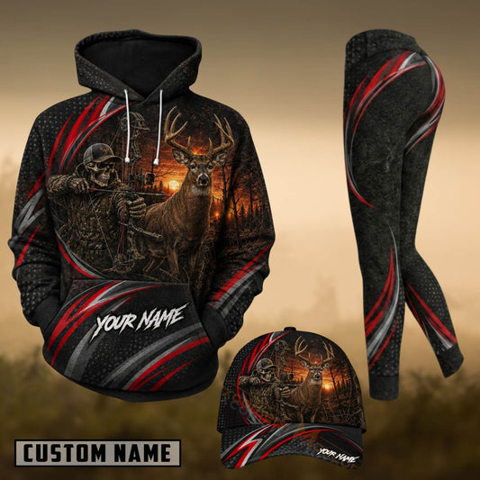 Maxcorners Hunting Whitetail Deer Bow Hunter Sunset Black Red Personalized 3D Combo Hoodie, Legging Set & Cap