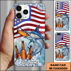 Maxcorners Marlin Fishing Phone Case American Flag Beer Bottles Fish Art Personalized Name 3D Phone Case