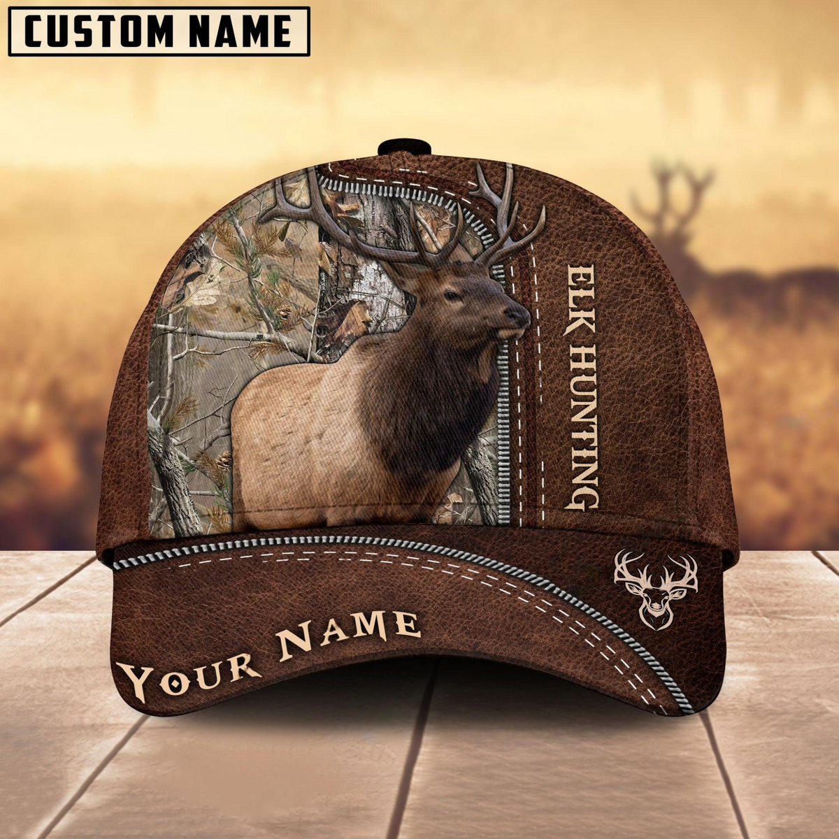 Maxcorners Elk Hunting Brown Leather Pattern Mutilcolored Personalized Name 3D Cap