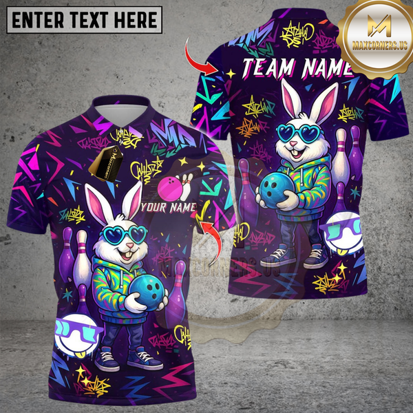 Maxcorners Bowling And Pin Cool Bunny Street Style Graffiti Design Multicolor Customized Name, Team Name 3D Shirts