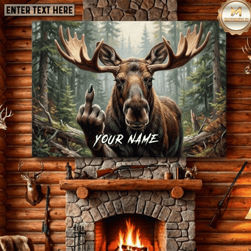 Maxcorners Moose Hunting Funny Moose Middle Finger Forest Wildlife Portrait Canvas Wall Art
