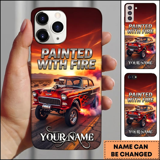 Maxcorners Hot Rod Red Vintage Car with Painted With Fire and Orange Flame Personalized Name 3D Phone Case