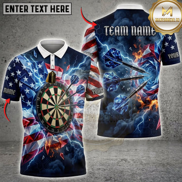 Maxcorners Darts American Flag Blue Lightning And Flaming Dartboard Personalized Name 3D Unisex Shirt