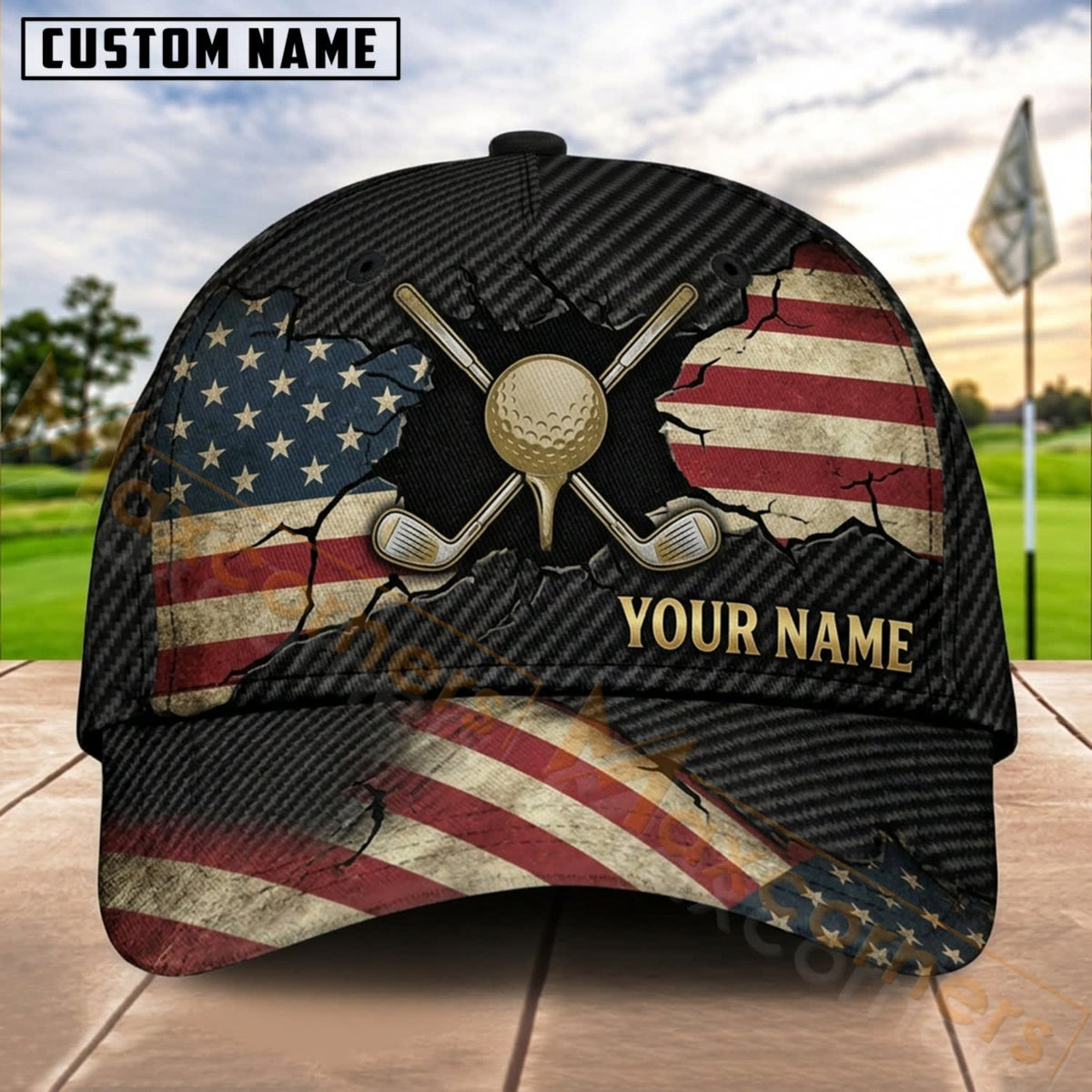 Maxcorners Golf USA Flag Crossed Clubs Ball Personalized Name 3D Cap