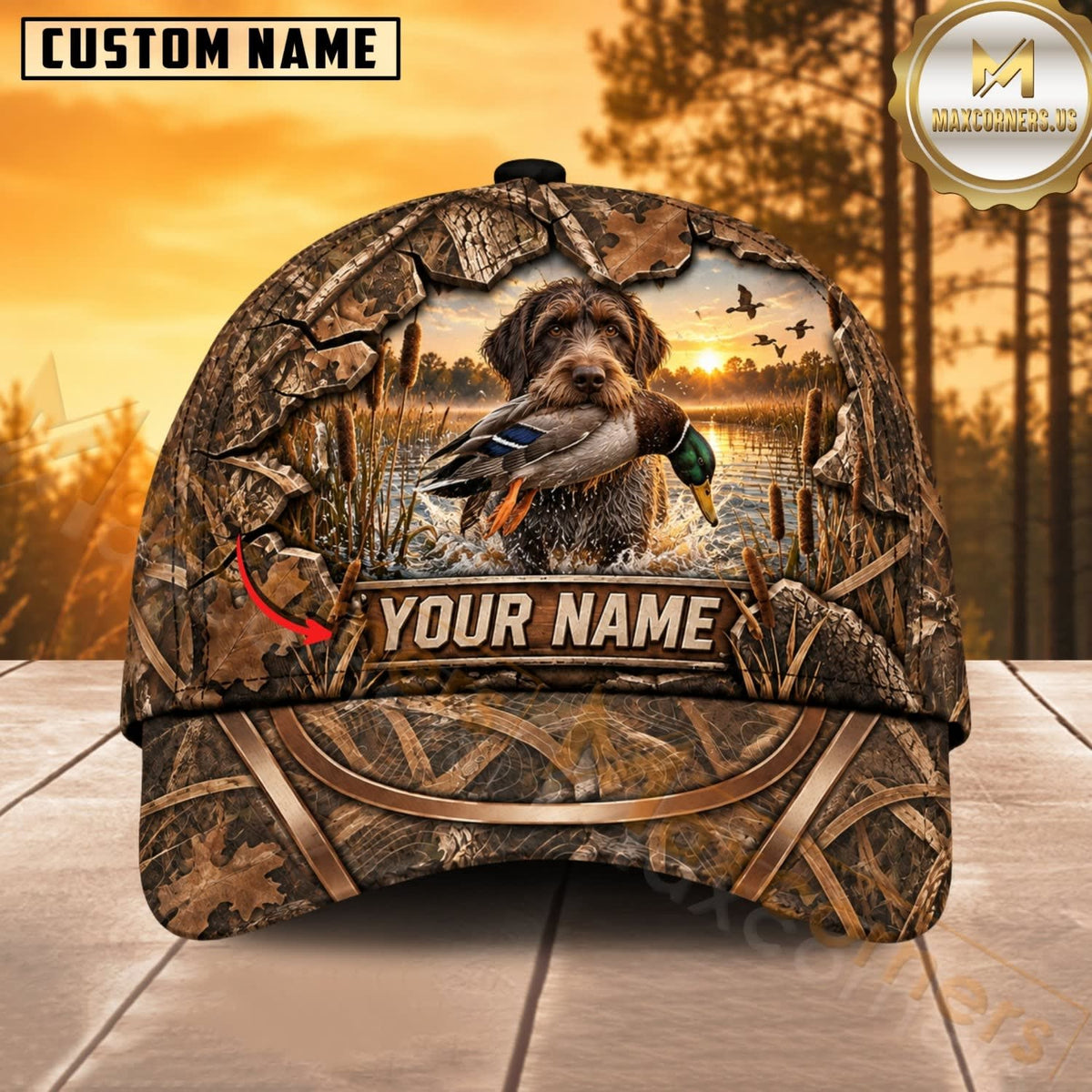 Maxcorners Dog Hunting And Duck Sunset Marsh Landscape Camo Personalized Name 3D Cap