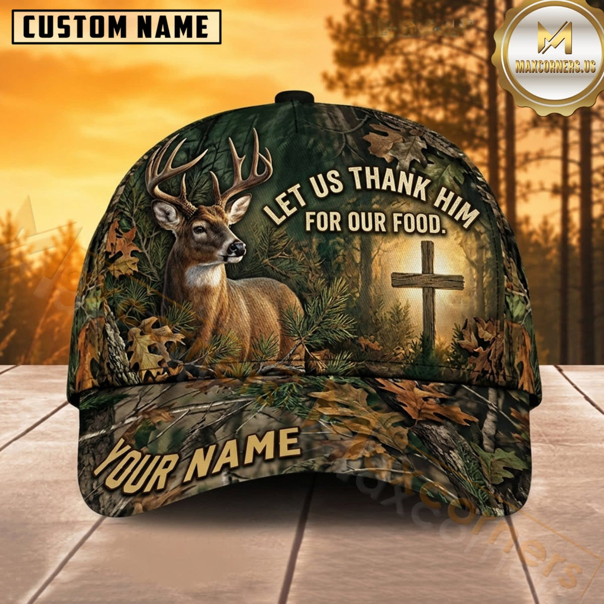 Maxcorners Deer Hunting Whitetail Buck Let Us Thank Him for Our Food Rustic Cross Forest Camo Customized Name 3D Cap