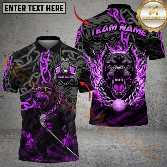 Maxcorners Golf Pitbull Flame Chain Personalized Name, Team Name 3D Shirt (4 Colors)