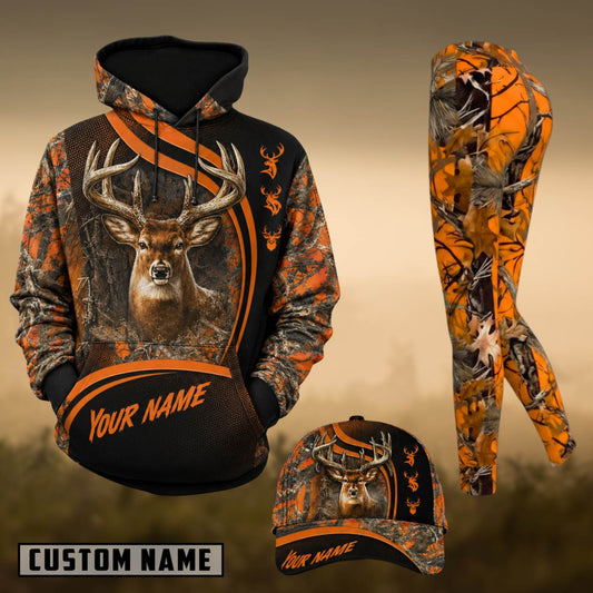Maxcorners Hunting Whitetail Deer Orange Camo Personalized 3D Combo Hoodie, Legging Set & Cap
