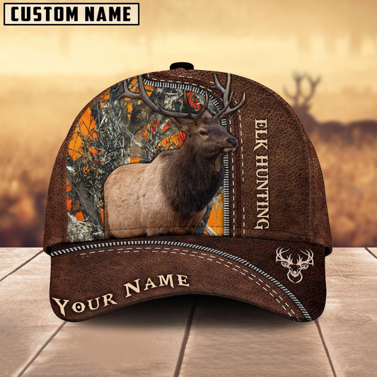Maxcorners Elk Hunting Brown Leather Pattern Mutilcolored Personalized Name 3D Cap