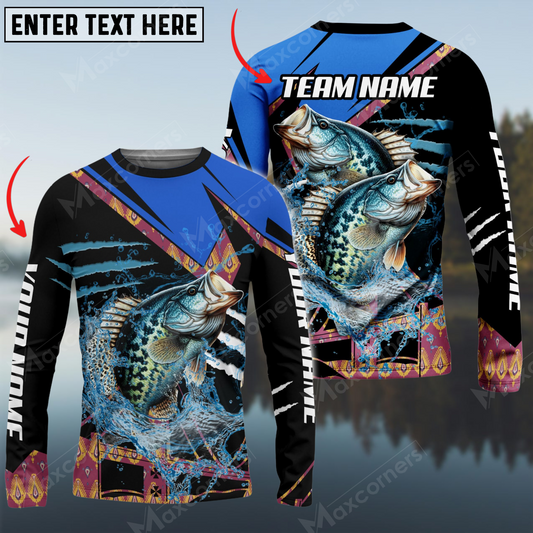 Maxcorners Crappie Fishing Blue Brocade Pattern Sun Protection Personalized Name, Team Name Long Sleeve Shirt