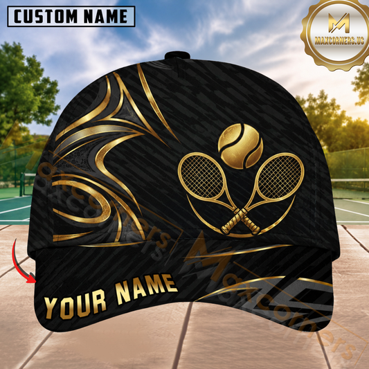 Maxcorners Tennis Luxury Gold Swirl Rackets Personalized Name 3D Cap