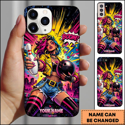 Maxcorners Bowling Comic Style Girl Boom Art Personalized Name 3D Phone Case