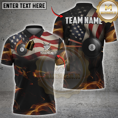 Maxcorners Billiards USA Flag with Flaming 8-Ball Personalized Name 3D Unisex Shirt