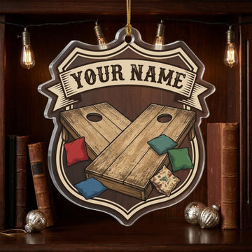 Maxcorners Cornhole Rustic Shield Wooden Boards Customized Name 3D Keychain And Ornament