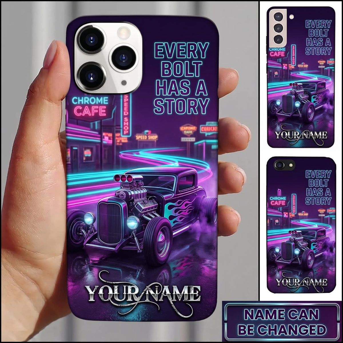 Maxcorners Hot Rod Purple Classic Car with Neon Garage and Retro City Lights Personalized Name 3D Phone Case