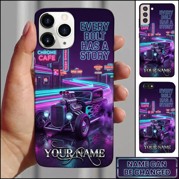 Maxcorners Hot Rod Purple Classic Car with Neon Garage and Retro City Lights Personalized Name 3D Phone Case