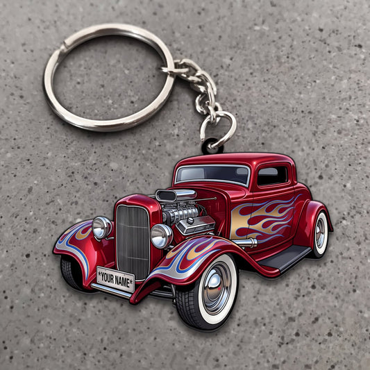 Maxcorners Hot Rod Red Classic Roadster with Silver Racing Stripes Personalized Name 3D Keychain And Ornament